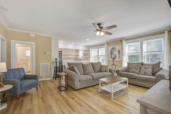Charming home steps from beach with two full kitchens, deck, patio, WiFi & AC